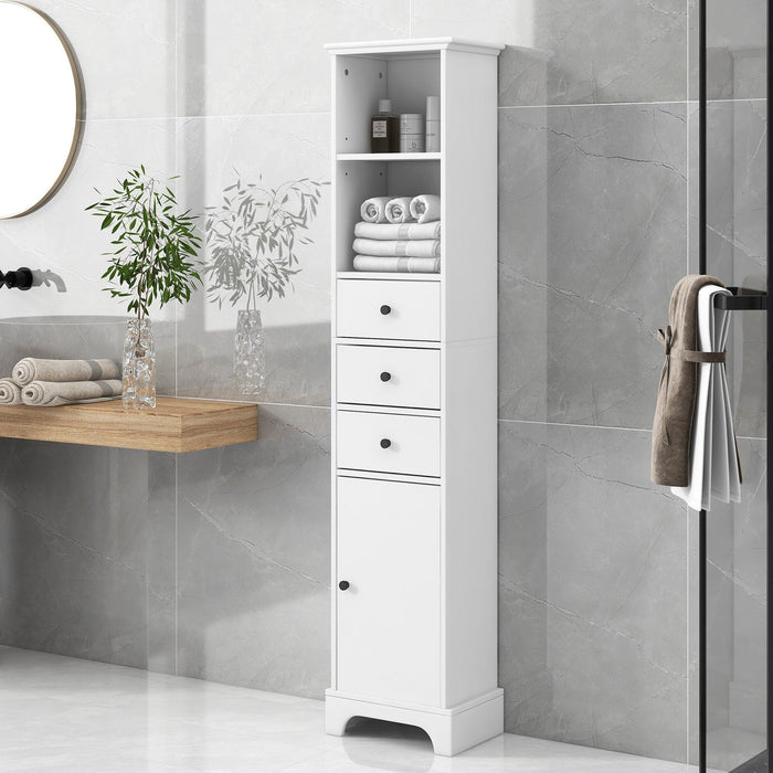 White Tall Bathroom Cabinet, FreestandingStorage Cabinet with 3 Drawers and Adjustable Shelf, MDF Board with Painted Finish