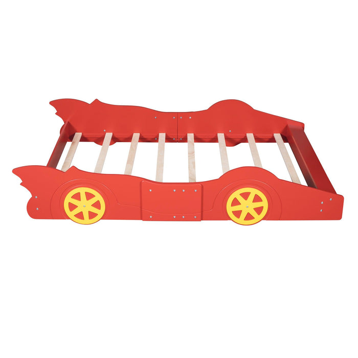 Full Size Race Car-Shaped Platform Bed with Wheels,Red