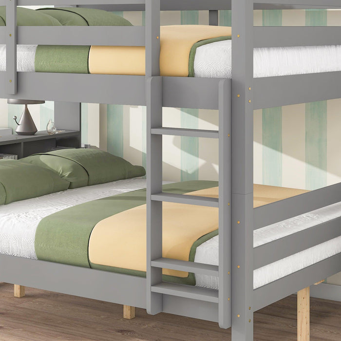 Full Over Full Bunk Beds with Bookcase Headboard, Solid Wood Bed Frame with Safety Rail and Ladder, Kids/Teens Bedroom, Guest Room Furniture, Can Be converted into 2 Beds, Grey