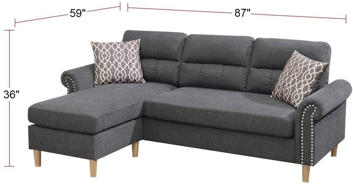 Slate Color Polyfiber Reversible Sectional Sofa Set Chaise Pillows Plush Cushion Couch Nailheads