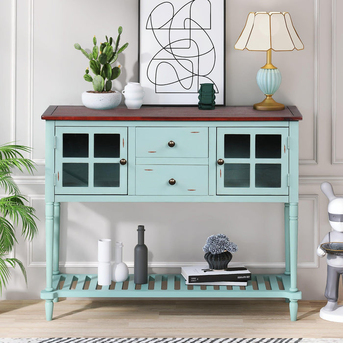 Sideboard Console Table with Bottom Shelf, Farmhouse Wood/Glass BuffetStorage Cabinet Living Room (Retro Blue)