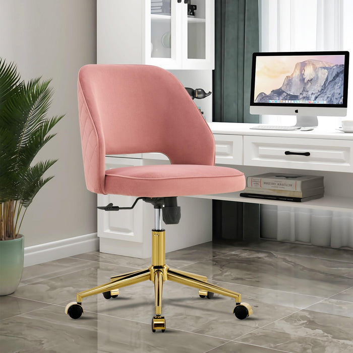 Modern Home Velvet Office Chairs, Adjustable 360 °Swivel Chair Engineering Plastic Armless Swivel Computer Chair With Wheels for Living Room, Bed Room Office Hotel Dining Room .Pink