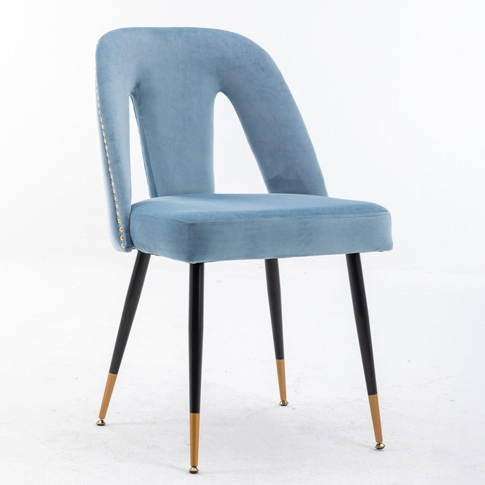 Akoya CollectionModern | Contemporary Velvet Upholstered Dining Chair with Nailheads and Gold Tipped Black Metal Legs, Light Blue，Set of 2