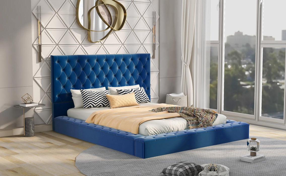 Queen Size Upholstery Low ProfileStorage Platform Bed withStorage Space on both Sides and Footboard,Blue