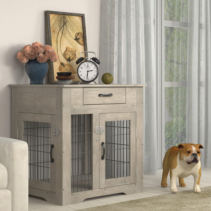 Furniture Style Dog Crate End Table with Drawer, Pet Kennels with Double Doors , Dog House Indoor Use, （Grey，29.92”w x 24.80” d x 30.71”h）