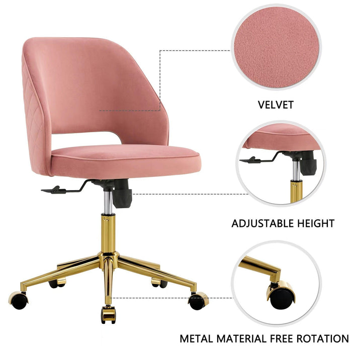 Modern Home Velvet Office Chairs, Adjustable 360 °Swivel Chair Engineering Plastic Armless Swivel Computer Chair With Wheels for Living Room, Bed Room Office Hotel Dining Room .Pink