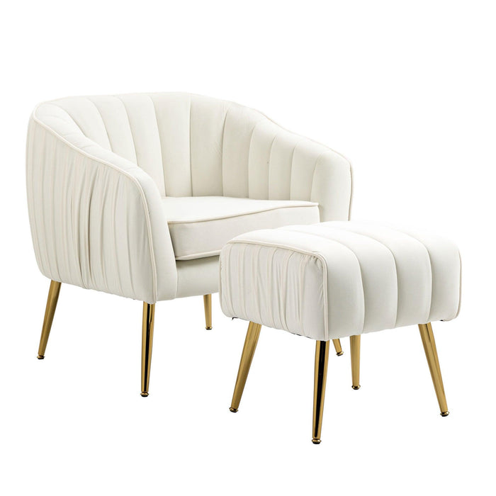 Velvet Accent Chair with Ottoman,Modern Tufted Barrel Chair Ottoman Set for Living Room Bedroom, Golden Finished, Beige