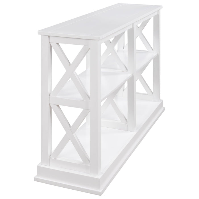 Console Table with 3-Tier OpenStorage Spaces and "X" Legs, Narrow Sofa Entry Table for Living Room (White)