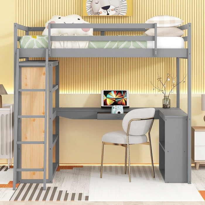 Full Size Loft Bed with Ladder, Shelves, and Desk, Gray