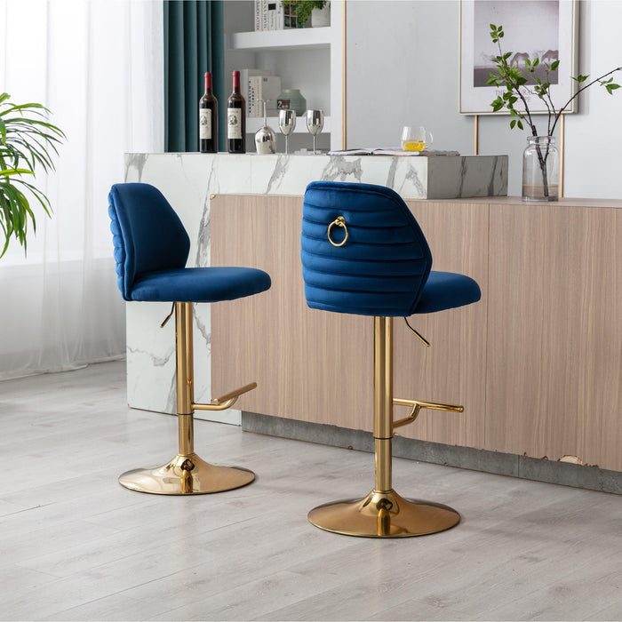 Swivel Bar Stools Chair Set of 2Modern Adjustable Counter Height Bar Stools, Velvet Upholstered Stool with Tufted High Back & Ring Pull for Kitchen , Chrome Golden Base,Blue