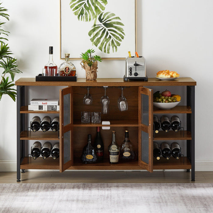 Industrial Wine Bar Cabinet, LiquorStorage Credenza, Sideboard with Wine Racks & Stemware Holder (Hazelnut Brown, 55.12''w x 13.78''d x 30.31' ' h)