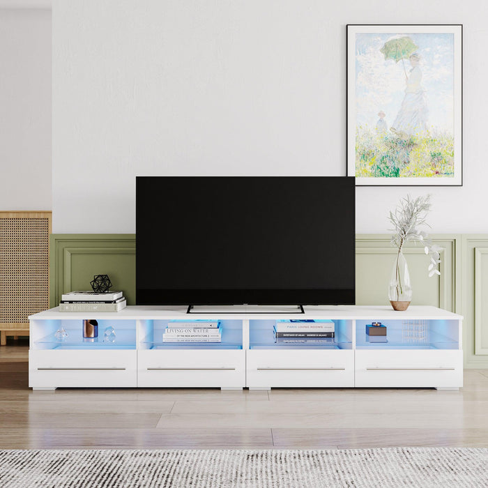 White TV cabinet has two drawers with dual end color-changing LED light strip