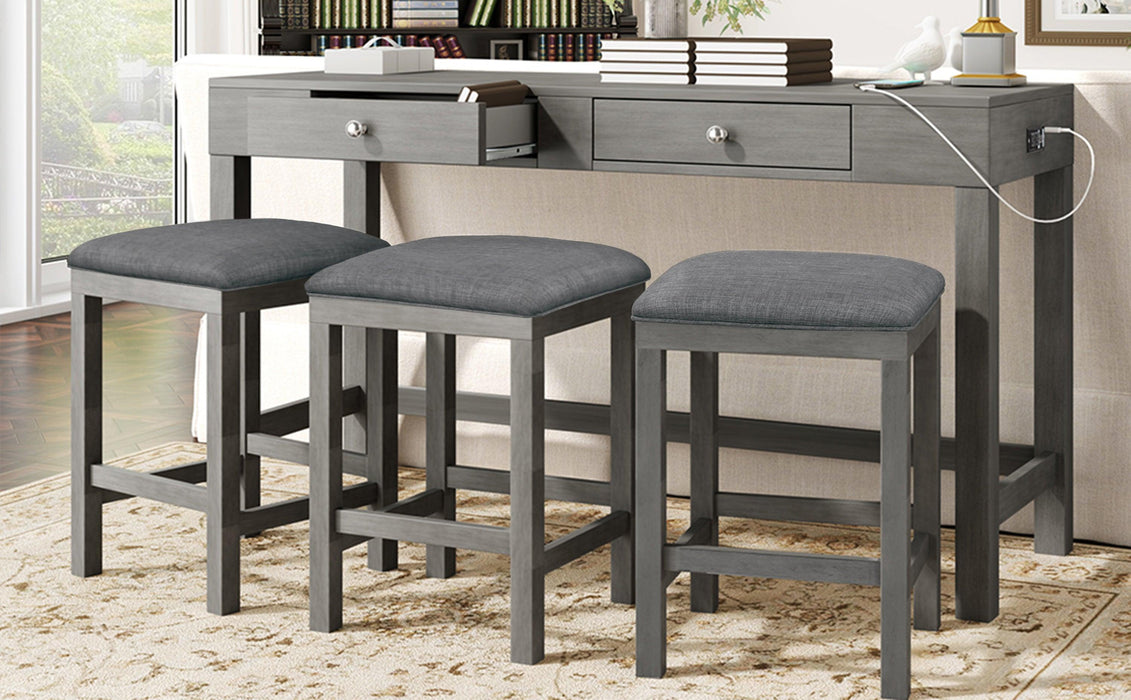 4-Piece Counter Height Table Set with Socket and Fabric Padded Stools, Gray