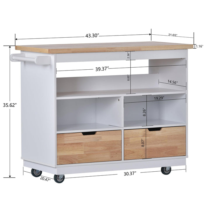 Kitchen Cart Rolling Mobile Kitchen Island Solid Wood Top, Kitchen Cart With 2 Drawers,Tableware Cabinet（White）