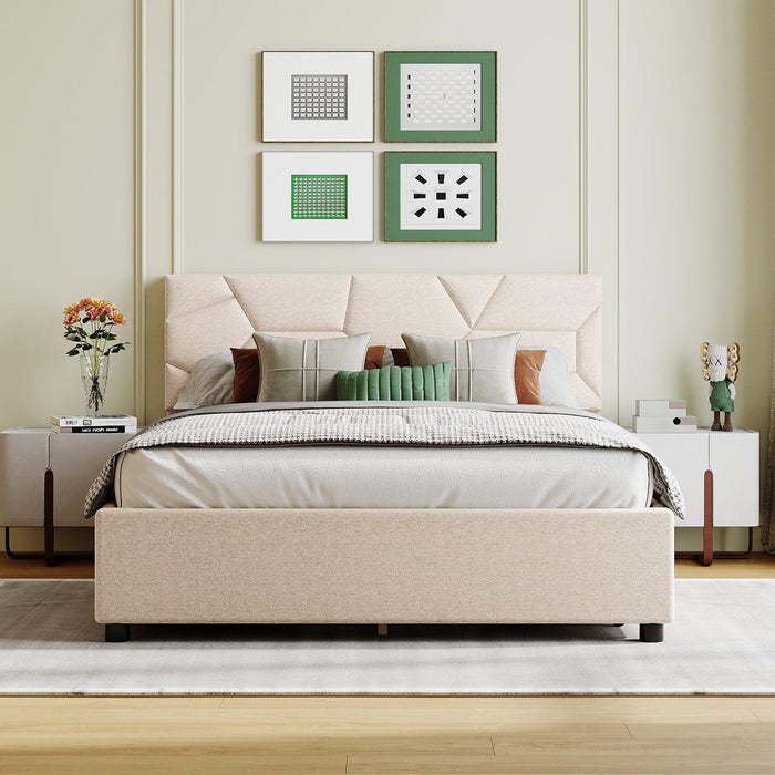 Full Size Upholstered Platform Bed with Brick Pattern Heardboard and 4 Drawers, Linen Fabric, Beige