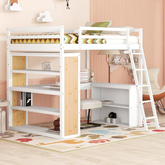 Full Size Loft Bed with Ladder, Shelves, and Desk, White