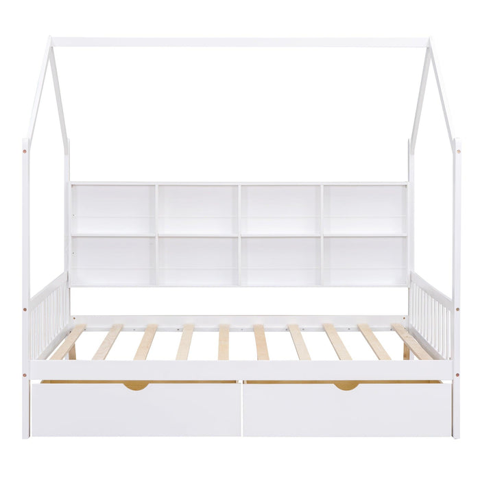 Wooden Full Size House Bed with 2 Drawers,Kids Bed withStorage Shelf, White