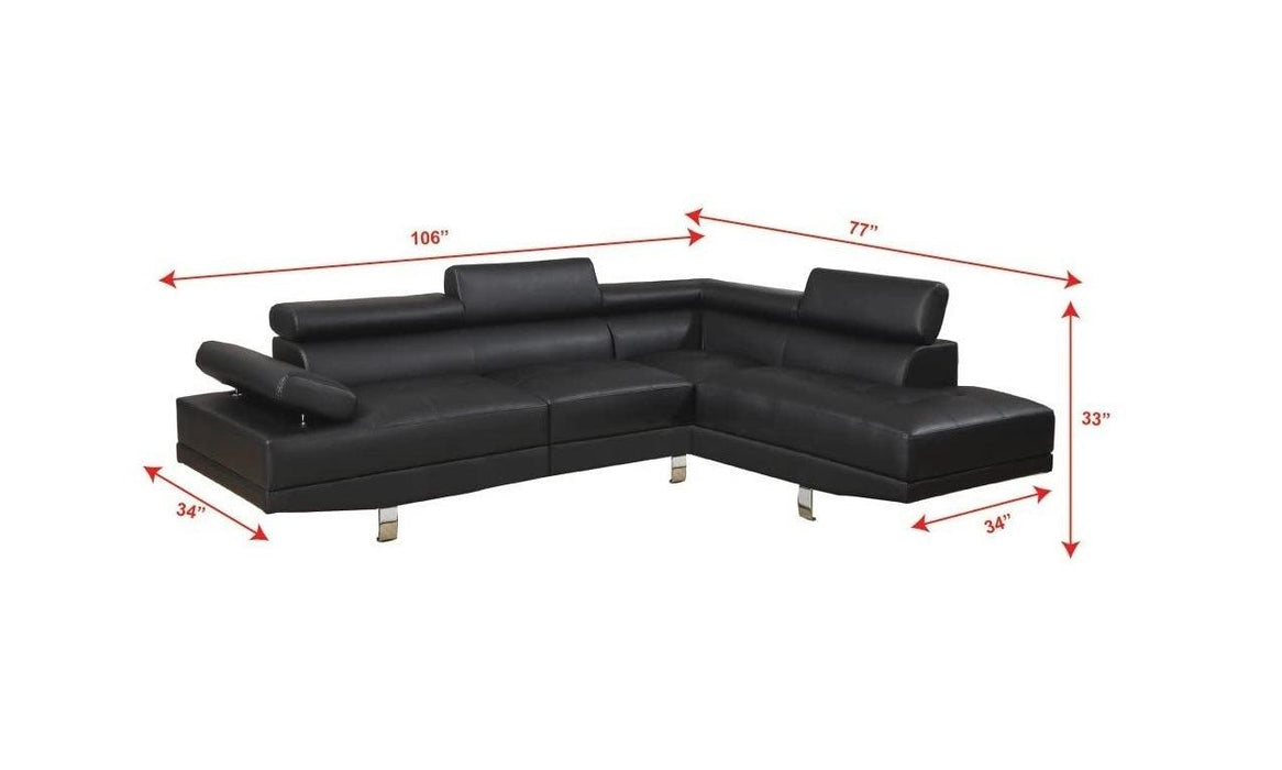 Black Color Sectional Living Room Furniture Faux Leather Adjustable Headrest Right Facing Chaise & Left Facing Sofa