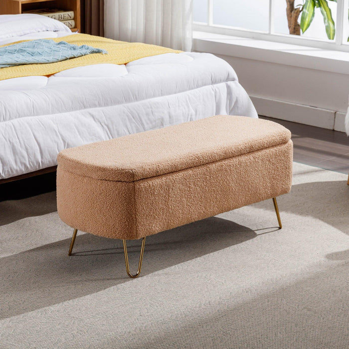 CamelStorage Ottoman Bench for End of Bed Gold Legs,Modern Camel Faux Fur Entryway Bench Upholstered Padded withStorage for Living Room Bedroom