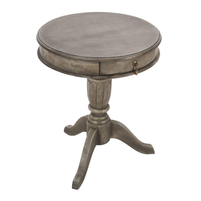 21 Inch Handcrafted ManWood Side Table with Drawer, Classic Pedestal Base and Round Top, Rustic Gray