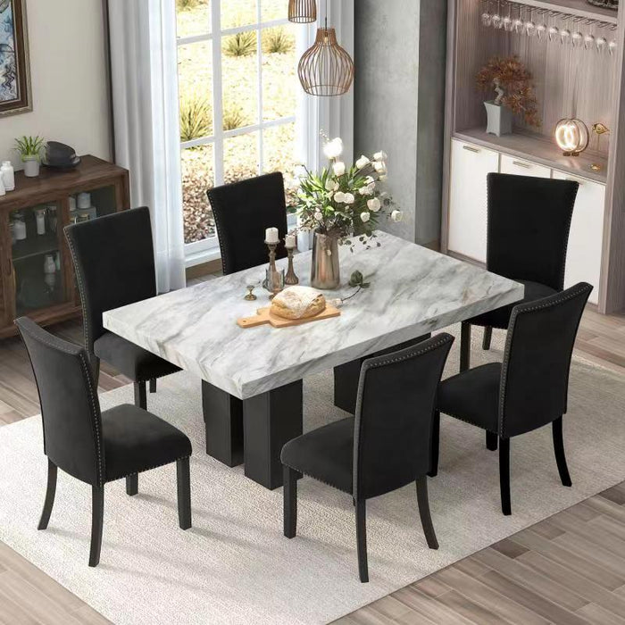 7-piece Dining Table Set with 1 Faux Marble Dining Rectangular Table and 6 Upholstered-Seat Chairs ,for Dining room and Living Room ,Black