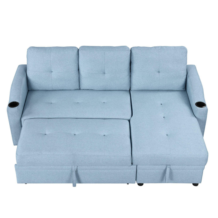 80.3"  Pull Out Sofa BedModern Padded Upholstered Sofa Bed , Linen Fabric 3 Seater Couch withStorage Chaise and Cup Holder , Small Couch for Small Spaces