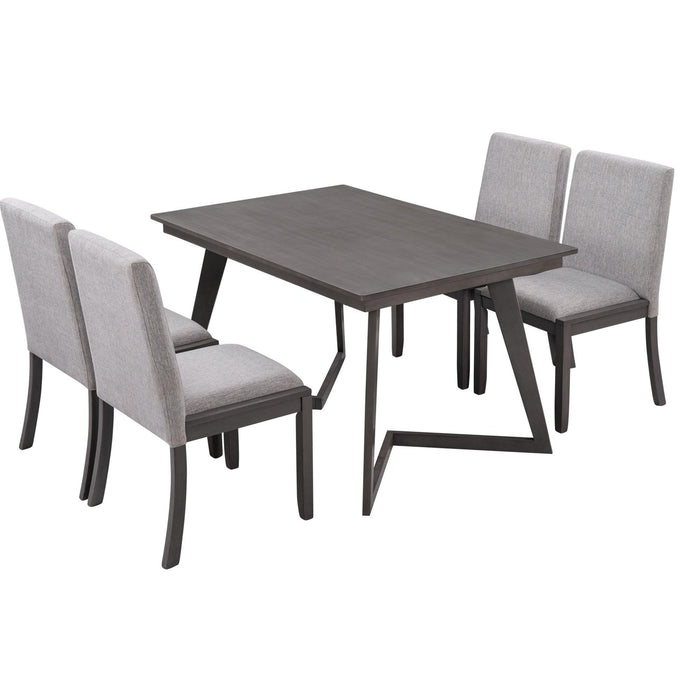 5-Piece Dining Set, Wood Rectangular Table with 4 Linen Fabric Chairs, Gray