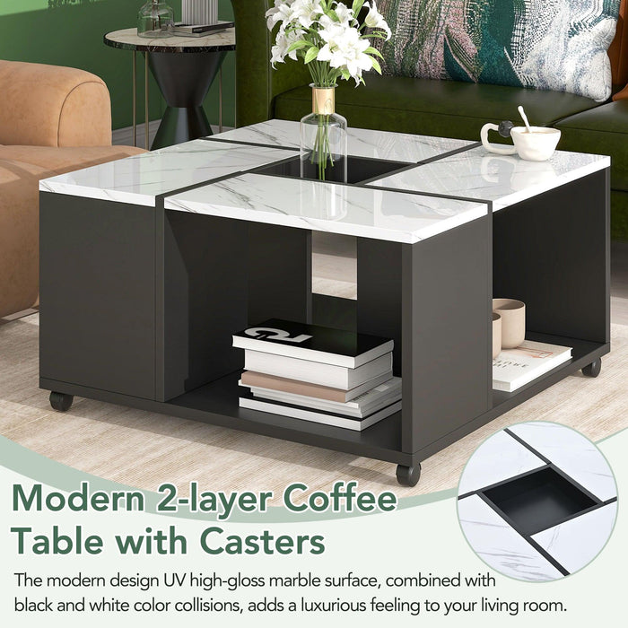 Modern 2-layer Coffee Table with Casters, Square Cocktail Table with Removable Tray，UV High-gloss Marble Design Center Table for Living Room，31.4”x 31.4”