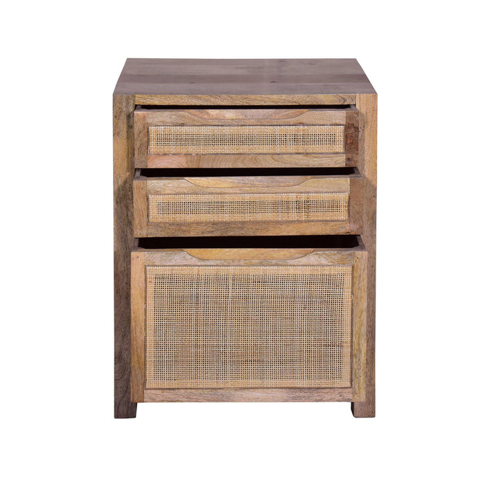 Ryan 31 Inch Cottage ManWoodStorage Cabinet Table, Cane Rattan Panels, 3 Drawers, Natural Brown