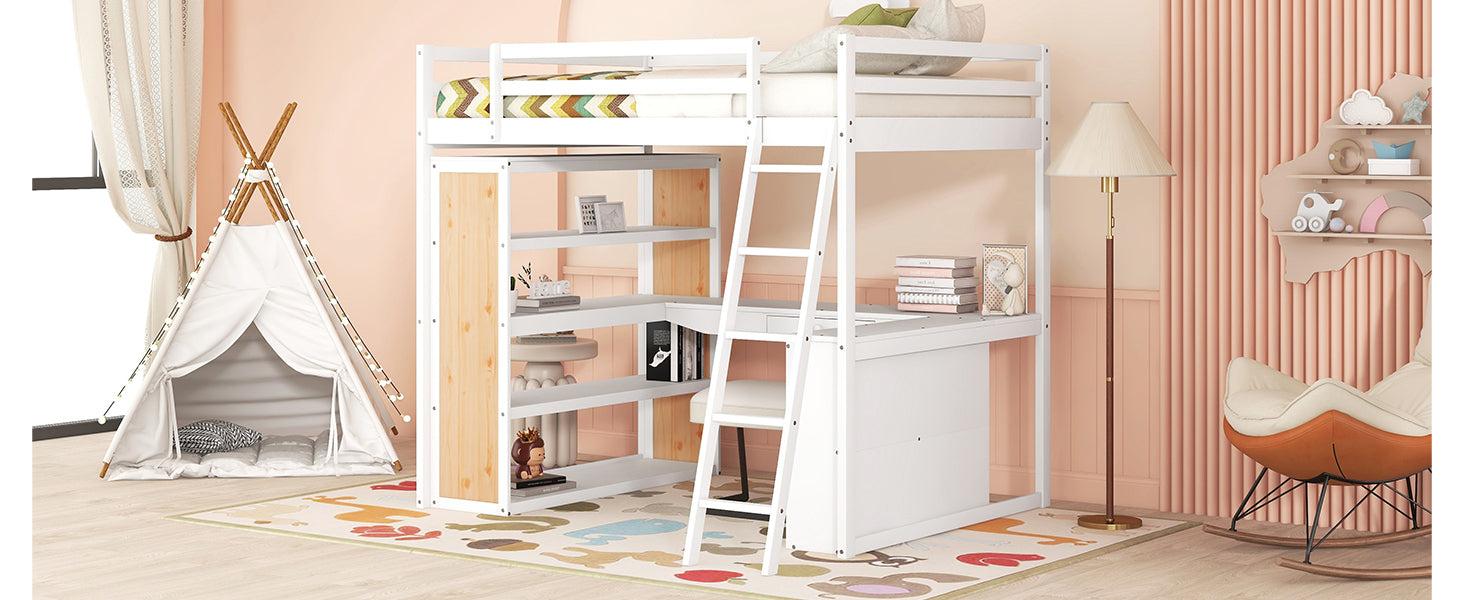 Full Size Loft Bed with Ladder, Shelves, and Desk, White