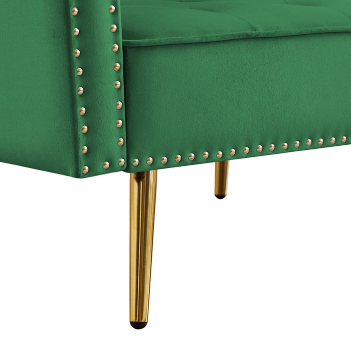 Modern Velvet Upholstered Reversible Sectional Sofa Bed , L-Shaped Couch with Movable Ottoman and Nailhead Trim For Living Room. (Green)