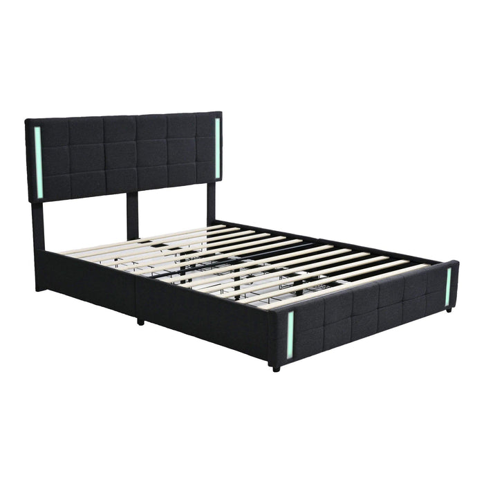 Queen Size Upholstered Platform Bed with LED Lights and USB Charging,Storage Bed with 4 Drawers, Dark Gray