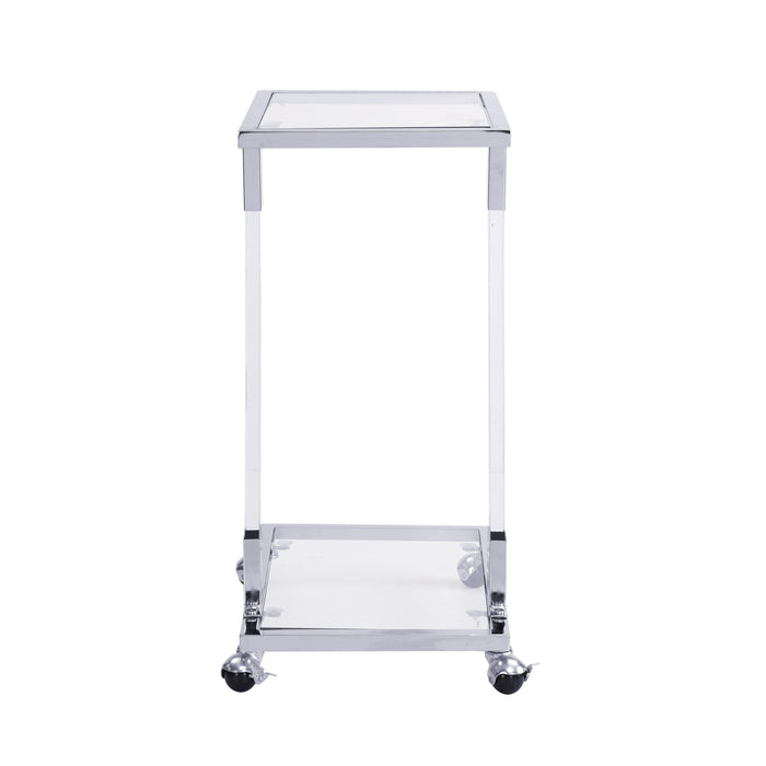 Chrome Glass Side Table, Acrylic End Table, Glass Top C Shape Square Table with Metal Base for Living Room, Bedroom, Balcony Home and Office