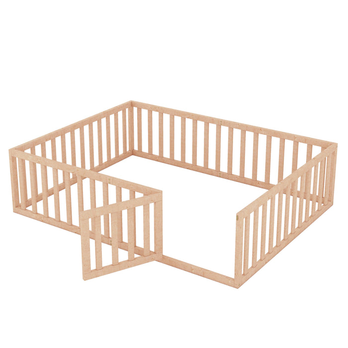 Queen Size Wood Floor Bed Frame with Fence and Door, Natural