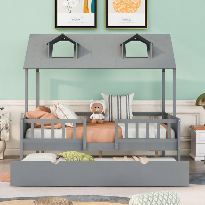 Full Size House Bed Wood Bed with  Twin Size Trundle ( Gray )