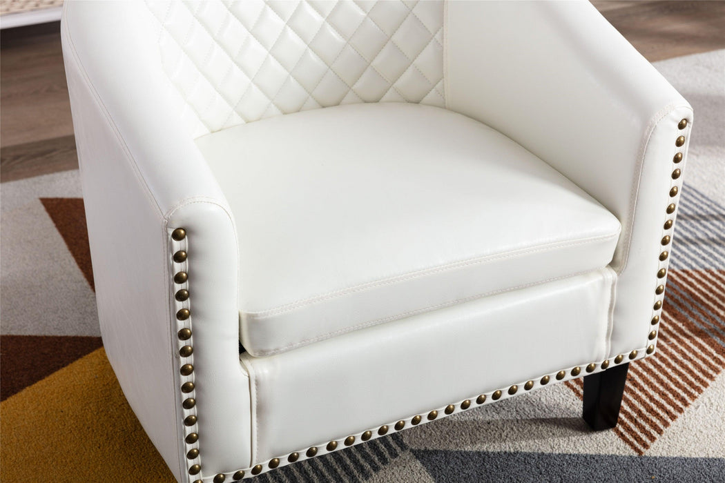 accent Barrel chair living room chair with nailheads and solid wood legs  white  pu leather