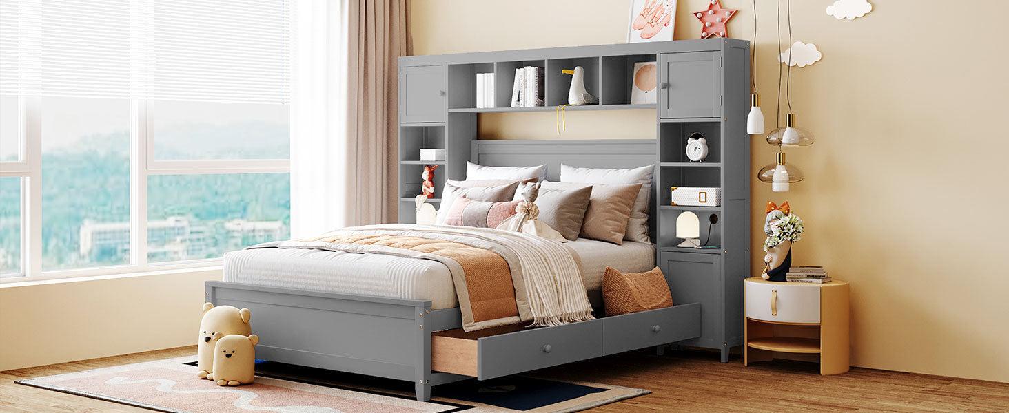 Full Size Wooden Bed With All-in-One Cabinet and Shelf, Gray