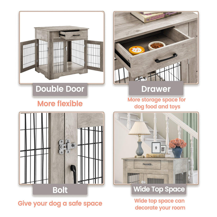 Furniture Style Dog Crate End Table with Drawer, Pet Kennels with Double Doors , Dog House Indoor Use, （Grey，29.92”w x 24.80” d x 30.71”h）