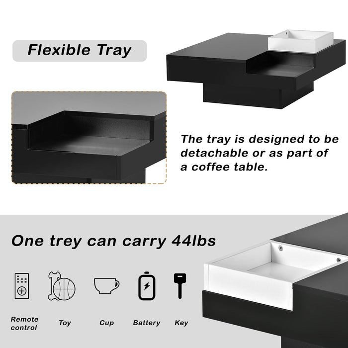 Modern Minimalist Design 31.5*31.5in Square Coffee Table with Detachable Tray and Plug-in 16-color LED Strip Lights Remote Control for Living Room