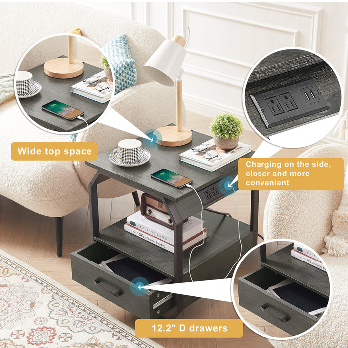 End table Side table with Charging Station,sofa side table with drawers, bedside table for bedroom.(Dark grey,17.3’’W*17.9’’D*21.2’’H)