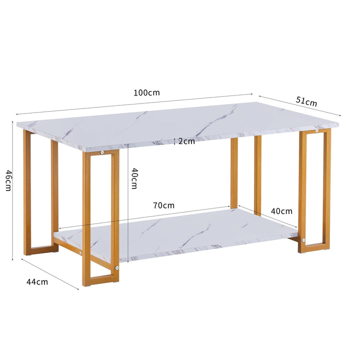 Coffee Table, 2 Layers 1.5cm Thick Marble MDF Rectangle 39.37" L Tabletop Iron Coffee Table , Dining Room, Coffee Shop, Resterant, White Top, ld Leg