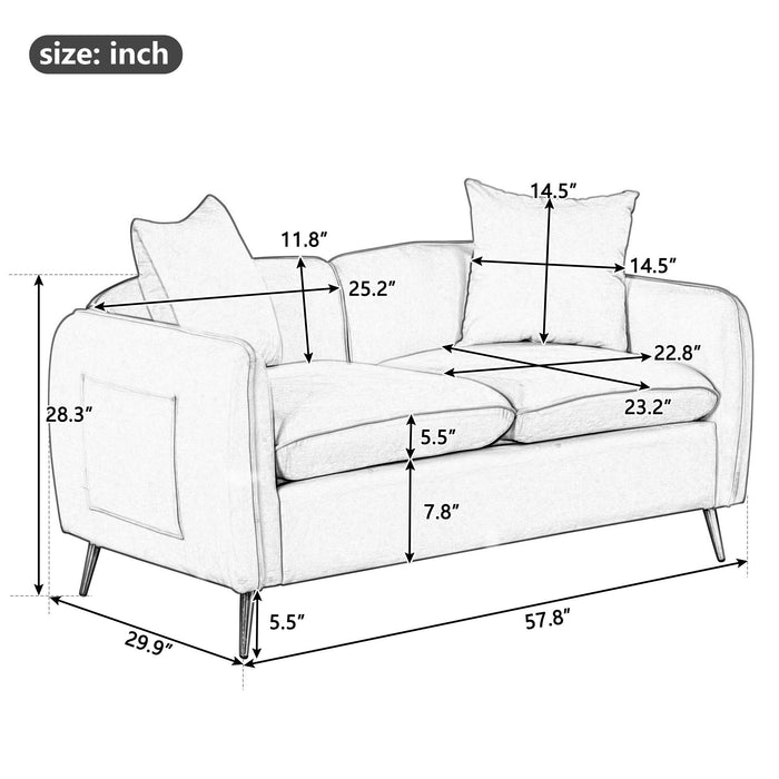 57.8" Velvet Upholstered Loveseat Sofa,Loveseat Couch with 2 PillowsModern Sofa with lden Metal Legs for Small Spaces,Living Room,Apartment,Gray