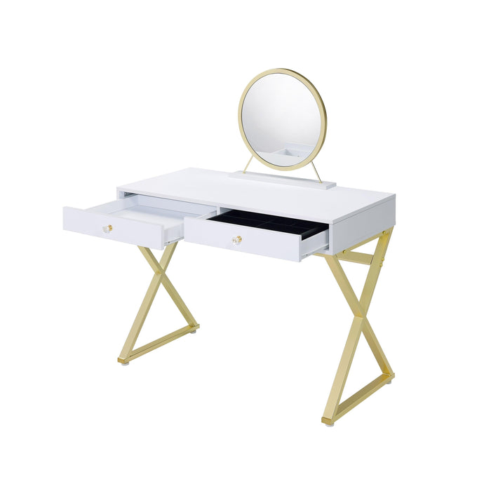 ACME Coleen Vanity Desk w/Mirror & Jewelry Tray in White & Gold Finish AC00667