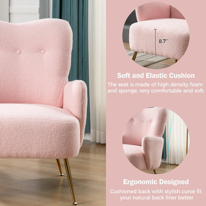 Cozy Teddy Fabric Arm Chair with Sloped High Back and Contemporary Metal Legs ,Pink