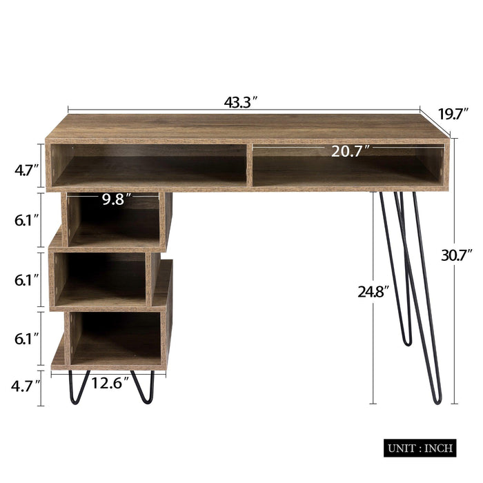 43.31inches medieval profiled geometry desk, computer desk,Modern writing study desk with open lattice and v-shaped iron leg, multi-purpose home office computer desk, color: Brown.