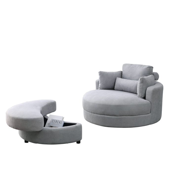 Swivel Accent BarrelModern Grey Sofa Lounge Club Big Round Chair withStorage Ottoman Linen Fabric for Living Room Hotel with Pillows