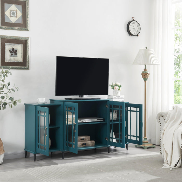 62” TV Stand,Storage Buffet Cabinet, Sideboard with Glass Door and Adjustable Shelves, Console Table for Dining Living Room Cupboard, Teal Blue