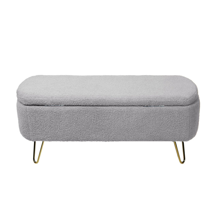 GreyStorage Ottoman Bench for End of Bed Gold Legs,Modern Grey Faux Fur Entryway Bench Upholstered Padded withStorage for Living Room Bedroom