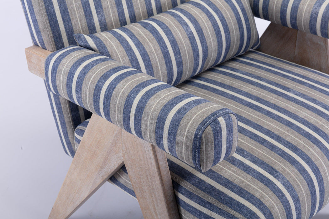 Accent chair, KD rubber wood legs with black finish. Fabric cover the seat. With a cushion.Blue Stripe