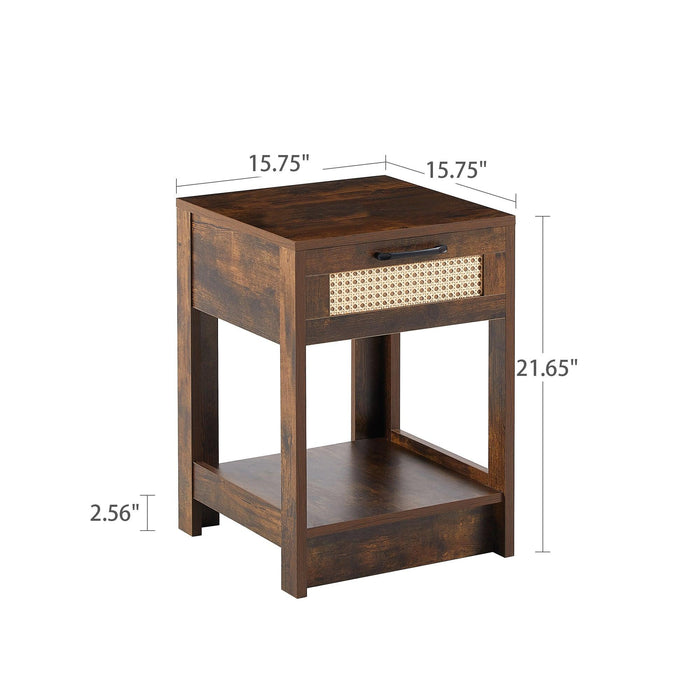 15.75" Rattan End table with  drawer,Modern nightstand, side table for living roon, bedroom,Rustic Brown